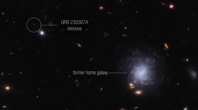 Deze afbeelding, gemaakt met Webbs NIRCam-instrument, belicht de kilonova van GRB 230307A en zijn voormalige thuisstelsel.