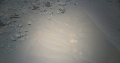 Een foto die neerkijkt op een zanderig en met keien bezaaid stukje Mars-grond.