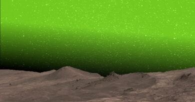 Deze afbeelding toont een artist impressie van hoe de nachtgloed er ’s nachts voor een astronaut in de polaire wintergebieden van Mars uit zou kunnen zien.