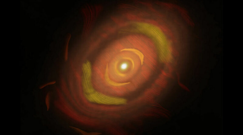 Stofringen rond HL Tauri, met lijnpatronen die de oriëntatie van gepolariseerd licht weergeven.