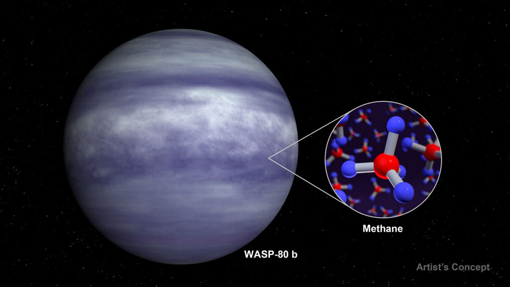 Een artist impressie van de warme exoplaneet WASP-80 b