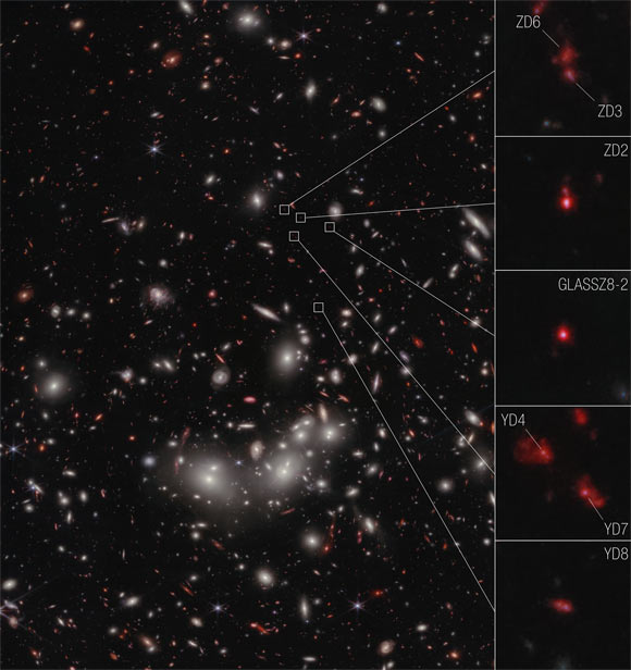 Deze Webb-afbeelding toont ledenstelsels van de sterrenstelselcluster A2744-z7p9OD. 