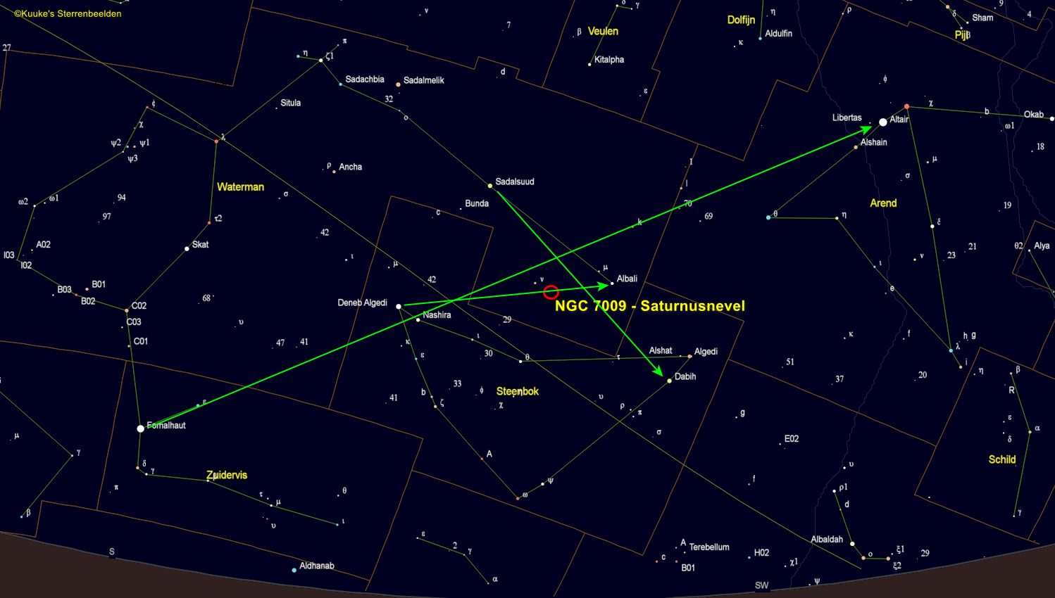 Zoekkaart voor NGC 7009 - de Saturnusnevel in het sterrenbeeld Waterman - Aquarius.