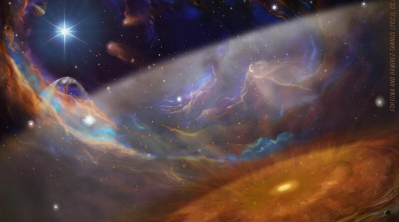Een artist impressievan het massieve stervormingsgebied, met de planeetvormende schijf XUE 1 op de voorgrond.