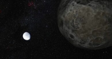 Een artist impressie van de dwergplaneet Eris (in de verte) en zijn maan Dysmonia.