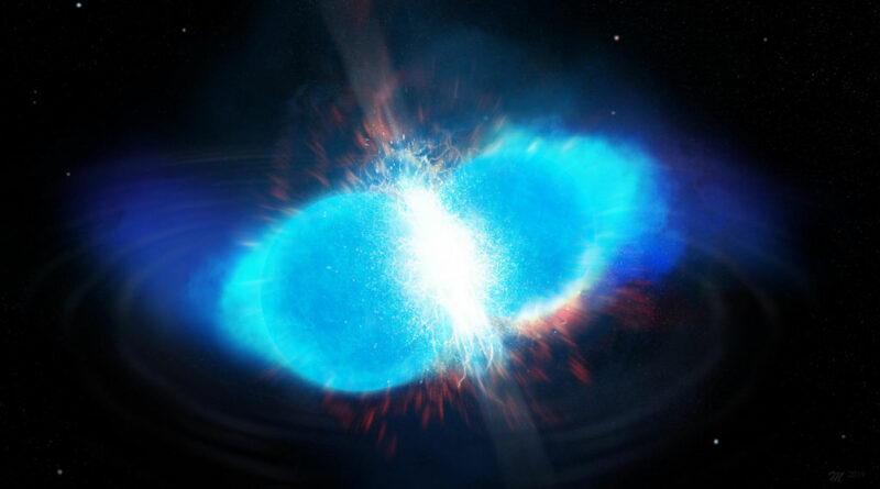 Artist impressie van twee fuserende neutronensterren