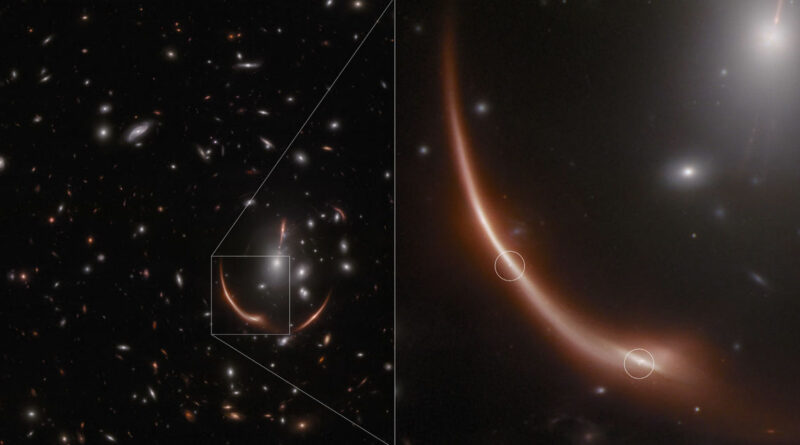 Deze NIRCam/Webb-afbeeldingen tonen de meervoudig afgebeelde supernova Encore in het verre sterrenstelsel MRG-M0138.