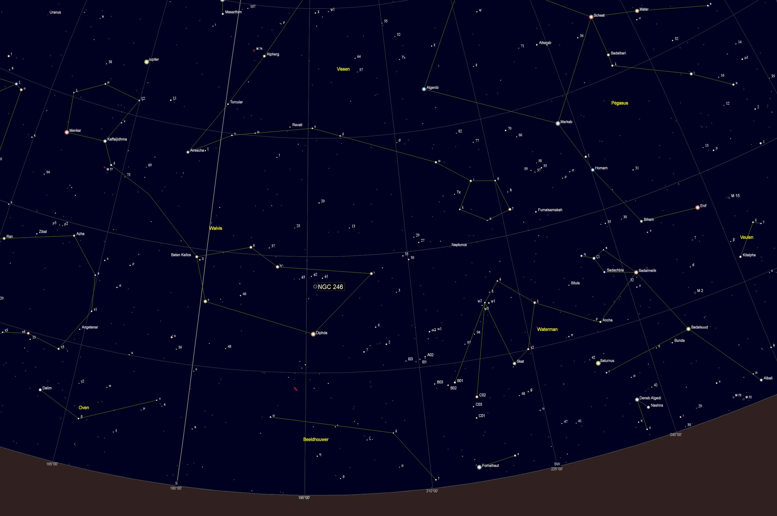 Zoekkaart voor NGC 246 in het Sterrenbeeld Cetus - Walvis