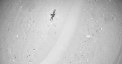 zwart-witfoto van de schaduw van een kleine drone op zanderige, met kiezelstenen bezaaide grond.