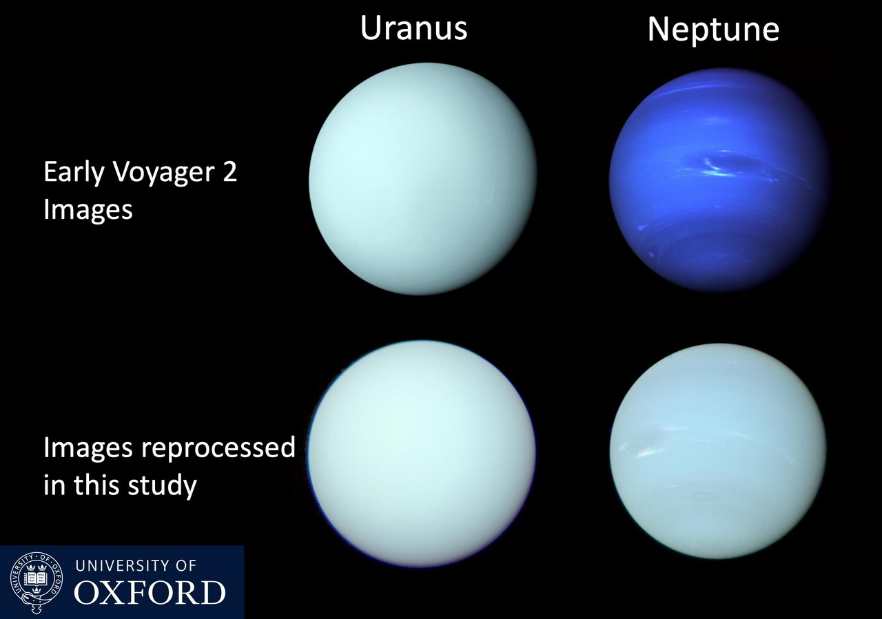 Bovenaan zijn verouderde beelden van Uranus en Neptunus te zien, met Uranus aan de linkerkant in lichtblauw en Neptunus aan de rechterkant in diep azuurblauw. Onderaan zijn de twee nieuwe weergaven van de planeten naast elkaar te zien. Ze zijn allebei lichtblauw.