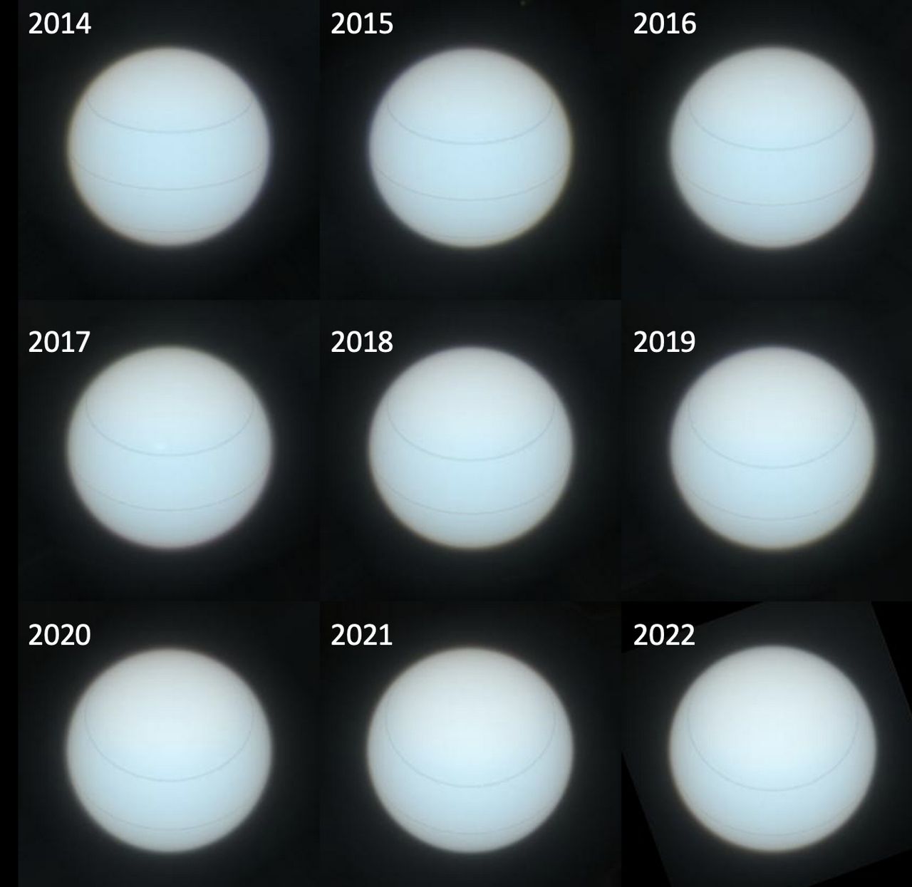 Negen jaarlijkse afbeeldingen van Uranus.