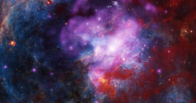In het centrum van dit complexe landschap van schitterende, kleurrijke gaswolken bevindt zich het supernova-overblijfsel 30 Doradus B.