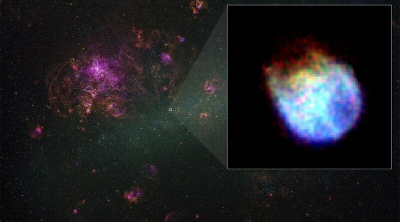 een blauw, paars en roodoranje supernova-overblijfsel schijnt tegen de zwartheid van de ruimte.