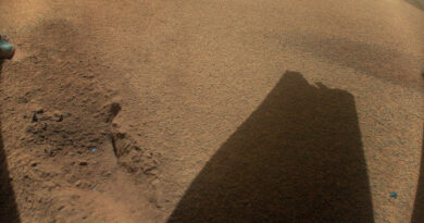 Een schaduw van een kapotte helikopterrotor op Mars