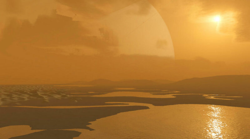 Een artist impressie van het oppervlak van de grootste maan van Saturnus, Titan