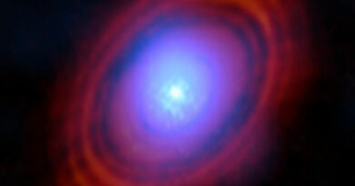 Deze ALMA-opname toont de waterdamp (blauwtinten) in de protoplanetaire schijf rond HL Tauri