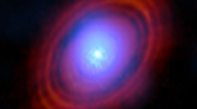 Deze ALMA-opname toont de waterdamp (blauwtinten) in de protoplanetaire schijf rond HL Tauri