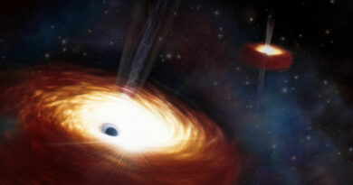 Een artist impressie van een superzwaar binair zwart gat in het elliptische sterrenstelsel B2 0402+379.