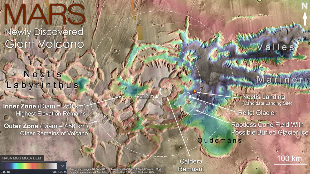 Topografische kaart van Noctis Mons.