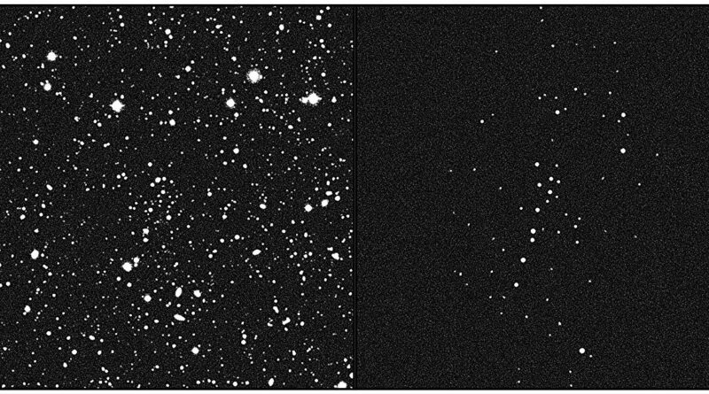 Verborgen in deze deepsky-afbeelding (links) bevindt zich Uma3/U1, een minuscuul groepje sterren