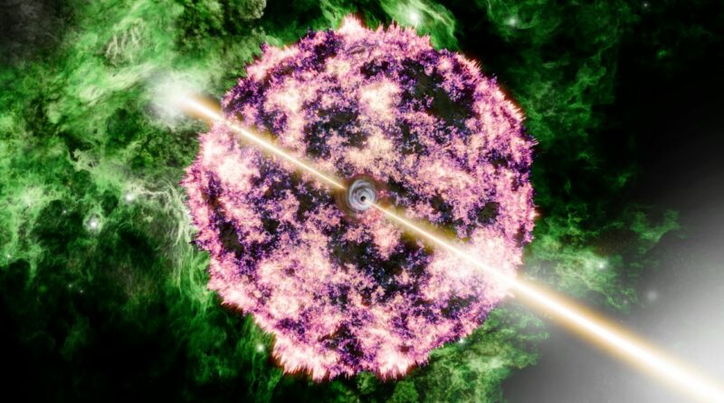 Een artist impressie van de BOAT, bestaande uit jets uit een centraal zwart gat en de omringende overblijfselen van een ster die supernova wordt.