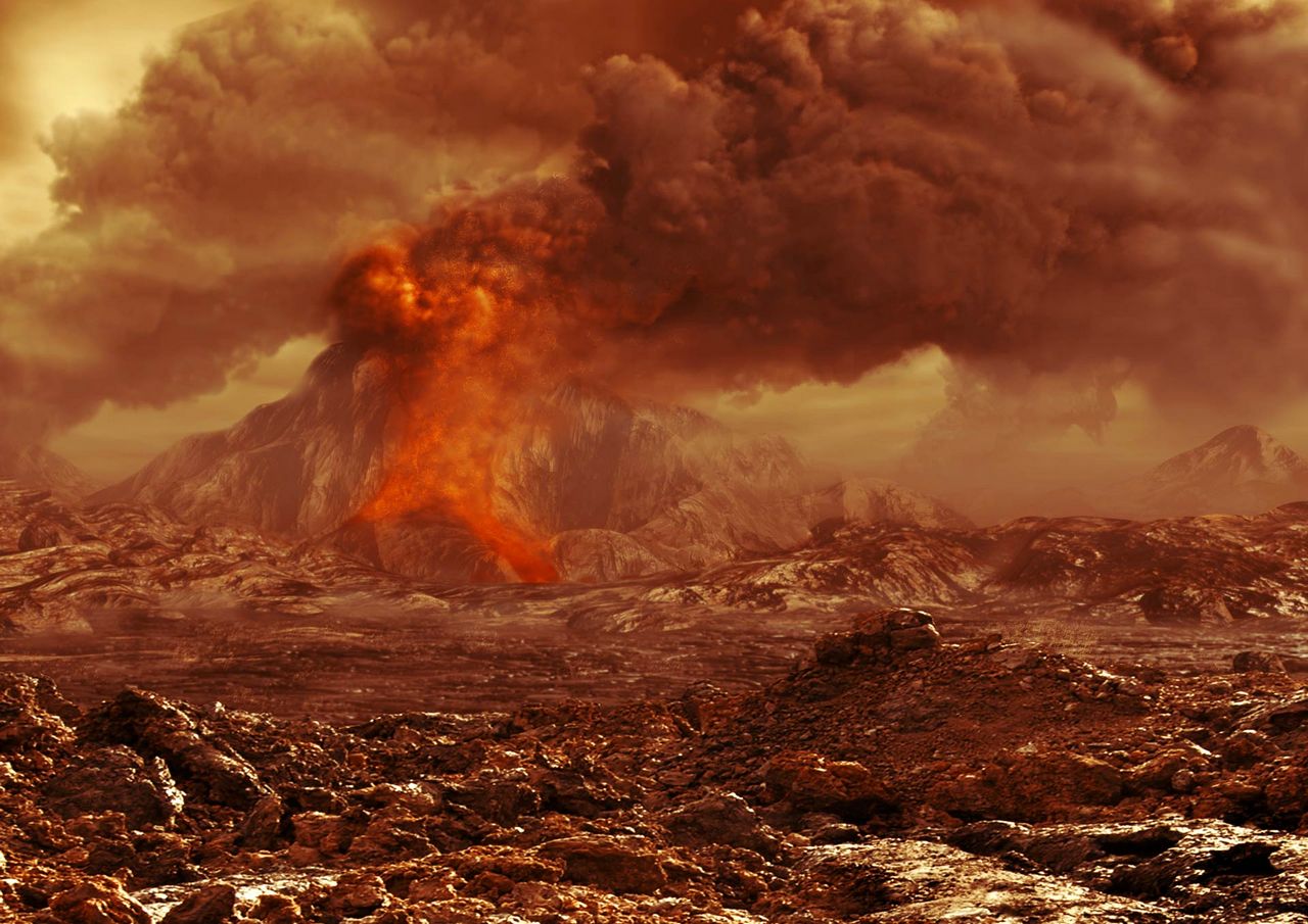 Artistieke impressie van een vulkaanuitbarsting op Venus.