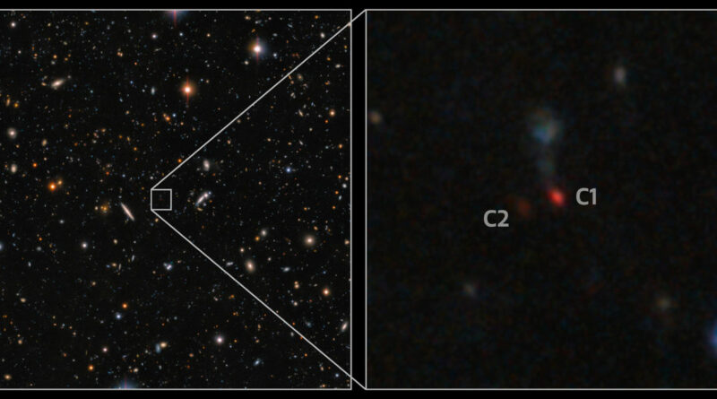 Deze afbeelding, gemaakt met de Hyper Suprime-Cam van de Subaru-telescoop, toont een paar quasars die bezig zijn met fuseren