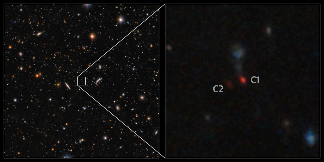 Deze afbeelding, gemaakt met de Hyper Suprime-Cam van de Subaru-telescoop, toont een paar quasars die bezig zijn met fuseren