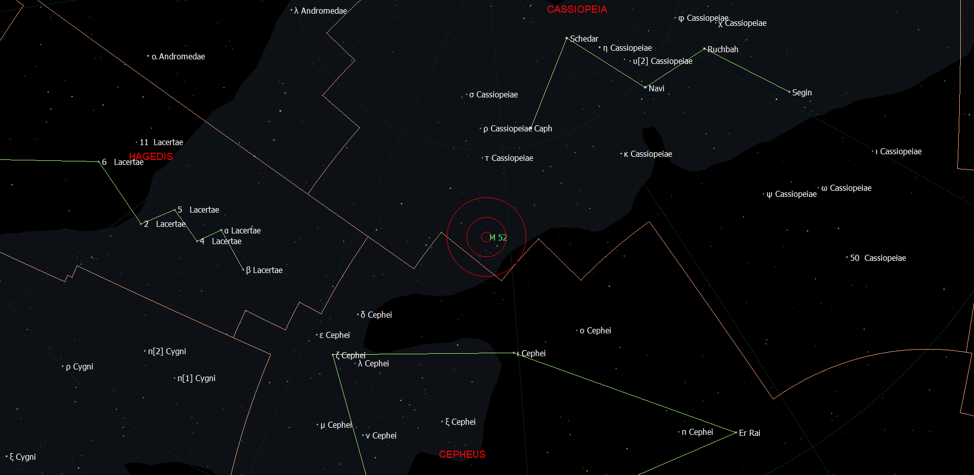 De positie van Messier 52 met Caph en Schedar als aanwijssterren.