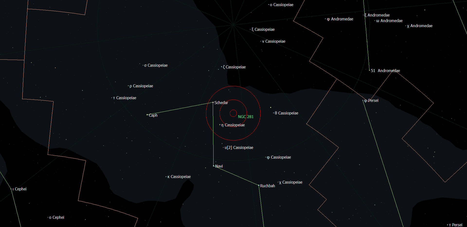 De positie van NGC 281 - de Pacmannevel ten opzichte van Schedar