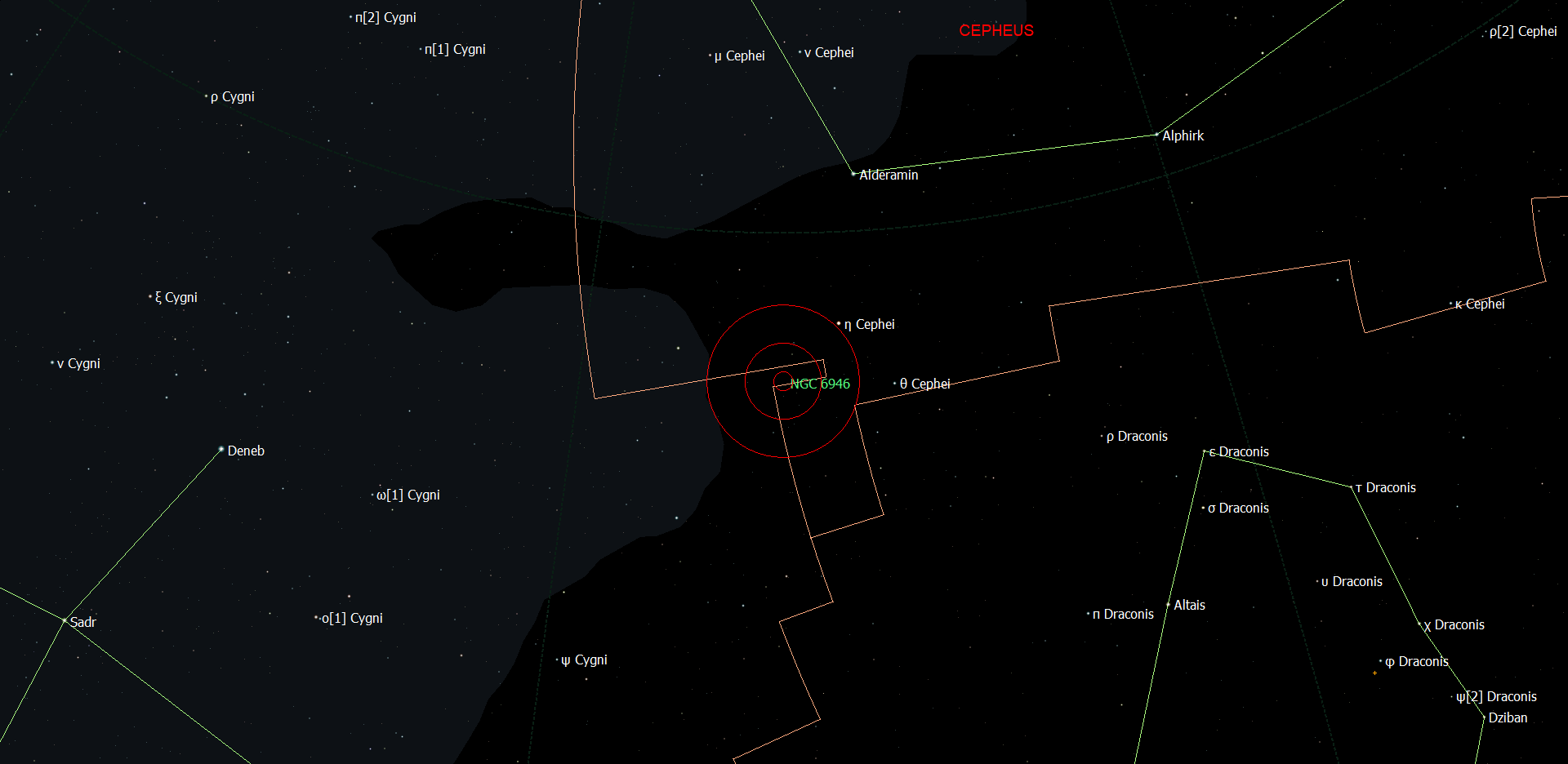 De positie van NGC 6946 ten opzichte van Alderamin - Alpha Cephei in het sterrenbeeld Cepheus.