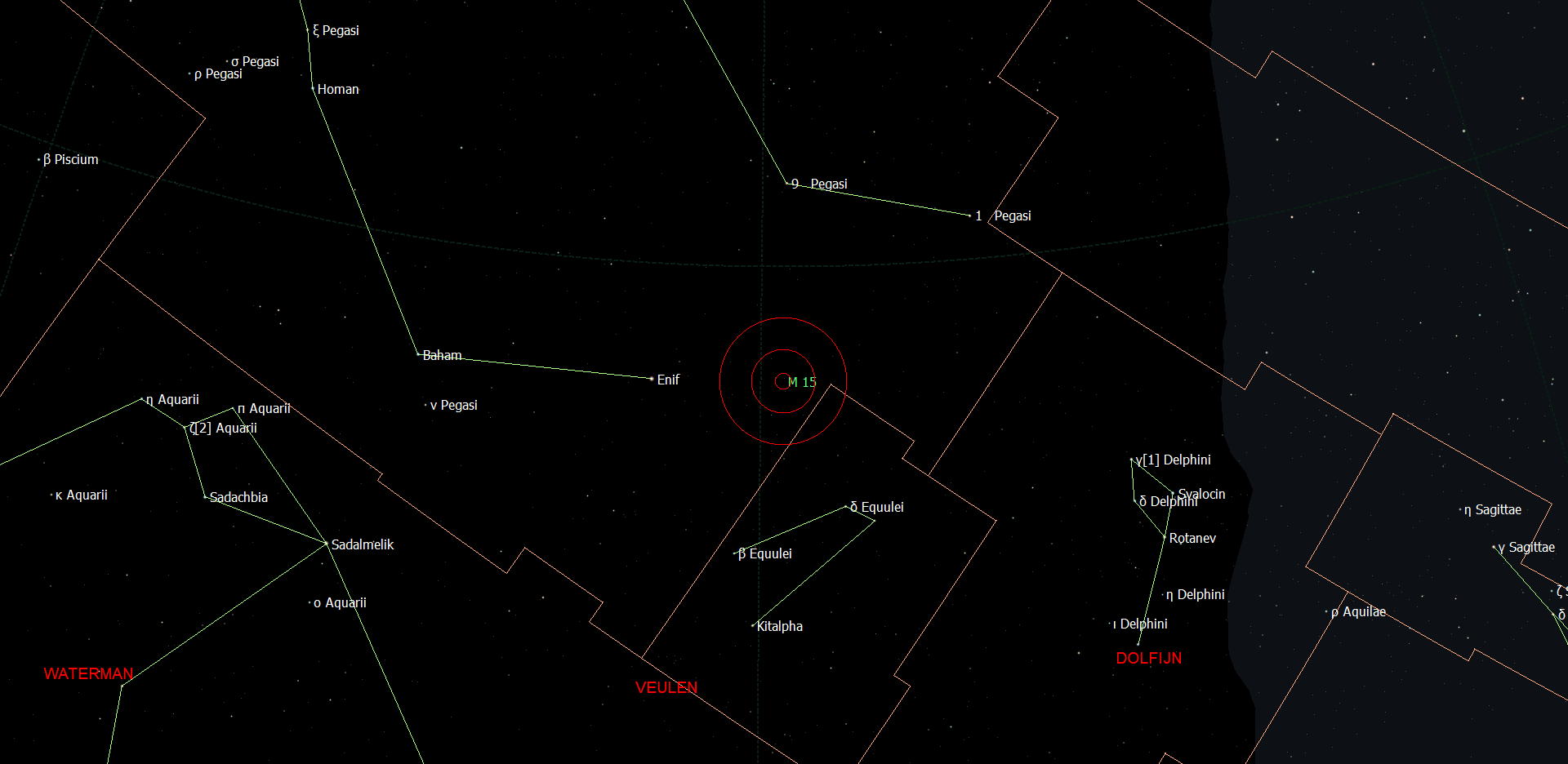 Positie van Messier 15 ten opzichte van Enif in het sterrenbeeld Pegasus.