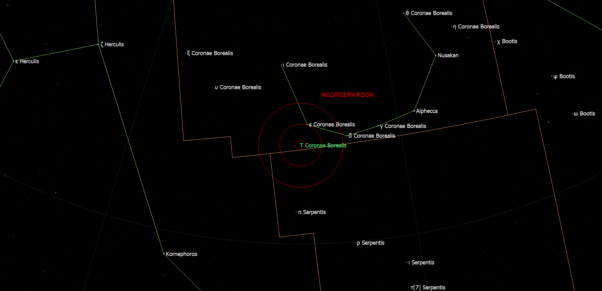 De positie van T Coronae Borealis - de Vlammende Ster - in het sterrenbeeld Corona Borealis - Noorderkroon.