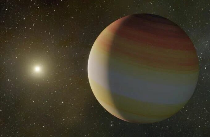 Een artist impressie van de koude super-Jupiter met op de achtergrond zijn gastster