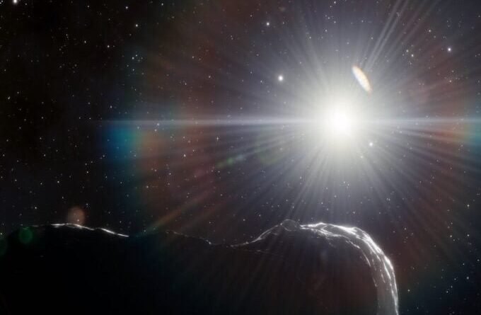 Artist impressie van een asteroïde in een baan om de Zon.