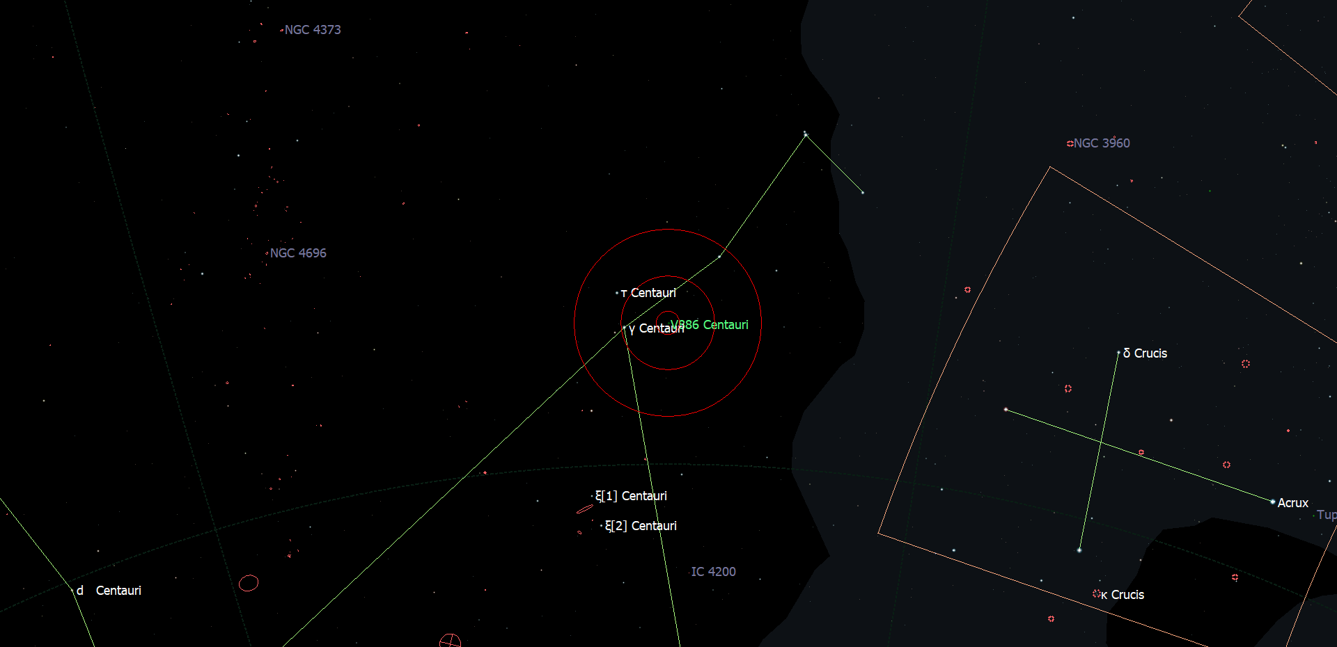 De positie van V886 Centauri - Lucy in het sterrenbeeld Centaurus.