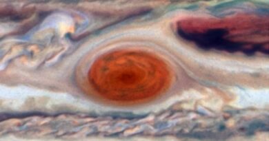 Een close-up van de woedende storm op Jupiter.