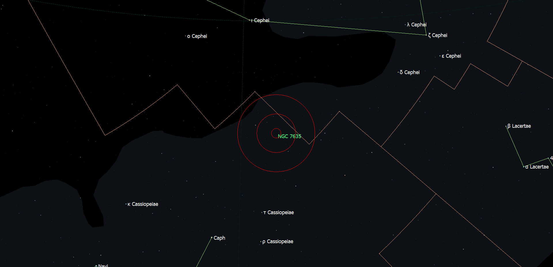 Positie van NGC 7635 - de Zeepbelnevel in het sterrenbeeld Cassiopeia.
