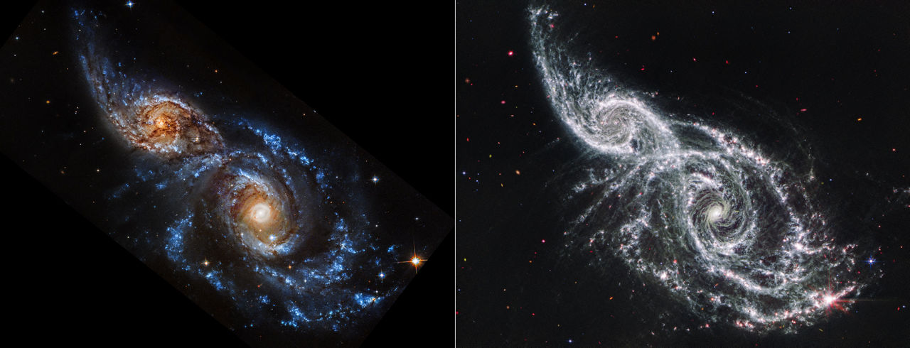 Deze afbeeldingen tonen twee overlappende spiraalvormige sterrenstelsels, IC 2163 en NGC 2207.