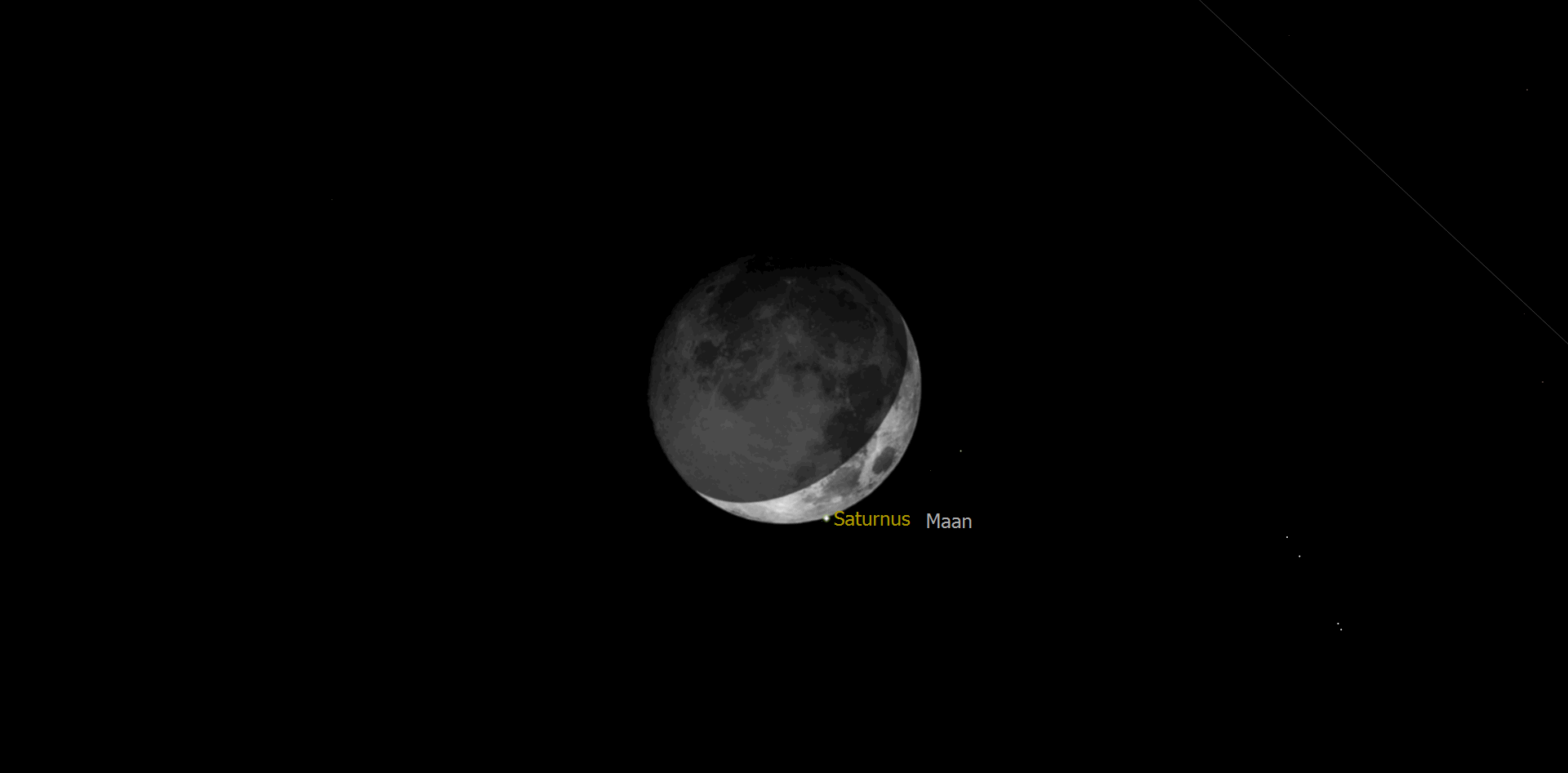 Omstreeks 19:35 komt Saturnus weer aan de verlichte maanrand te voorschijn.