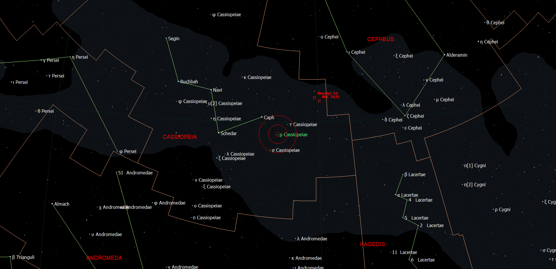 De locatie van Rho Cassiopeiae in het sterrenbeeld Cassiopeia.