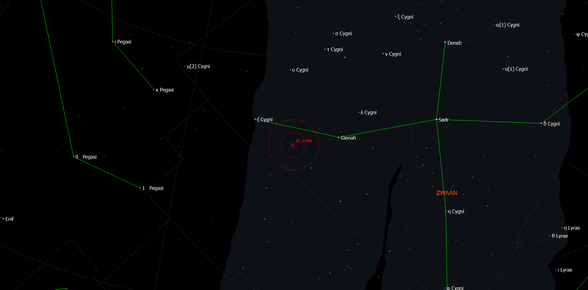 De locatie van IC 1340 in het sterrenbeeld Cygnus - Zwaan.