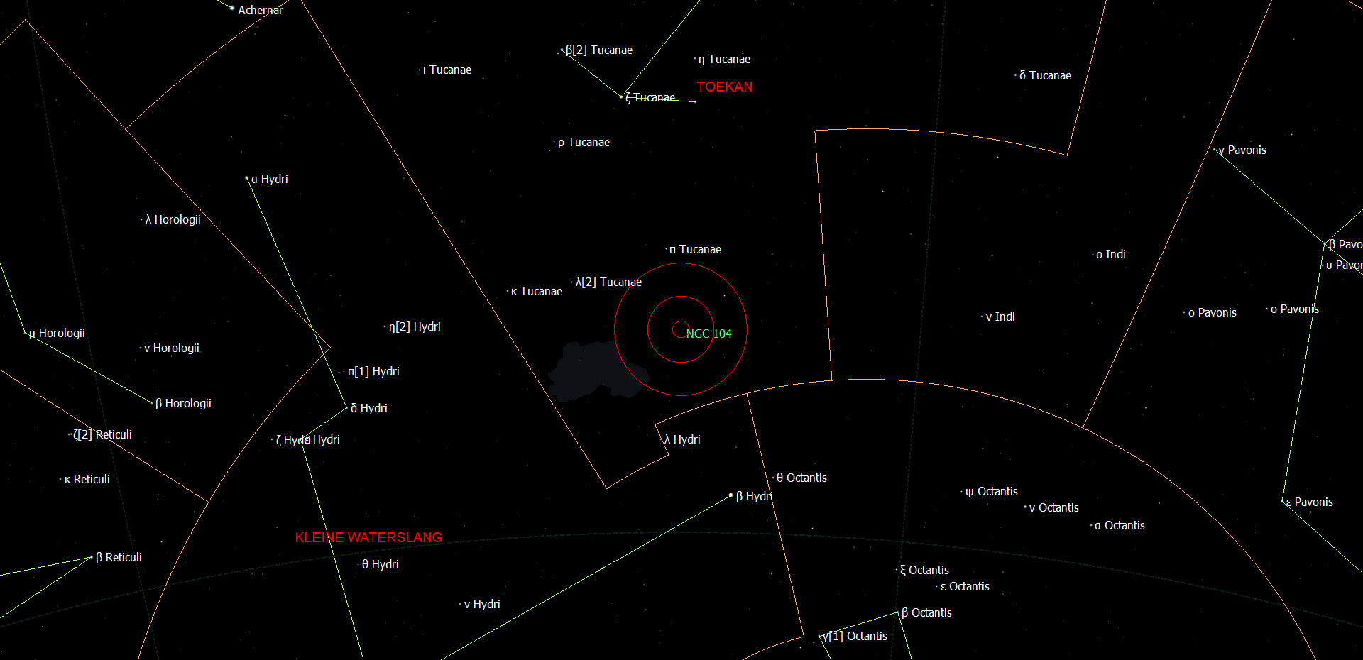 De locatie van NGC 104 - 47 Tucanae in het sterrenbeeld Toekan - Tucana.