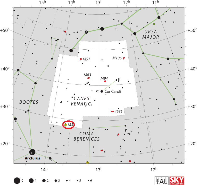 De locatie van Messier 3 in het sterrenbeeld Canes - Venatici - Jachthonden.