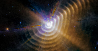 Deze afbeelding van de koolstofrijke Wolf-Rayet-ster WR 140 werd in september 2023 vastgelegd door het Mid-Infrared Instrument (MIRI) van Webb.