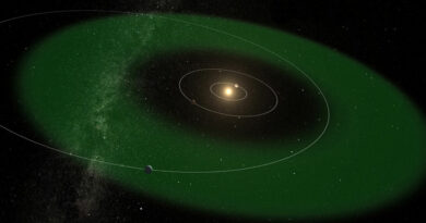 Deze afbeelding toont de leefbare zone rond HD 20794 (groen) en de baan van de drie planeten in het systeem.