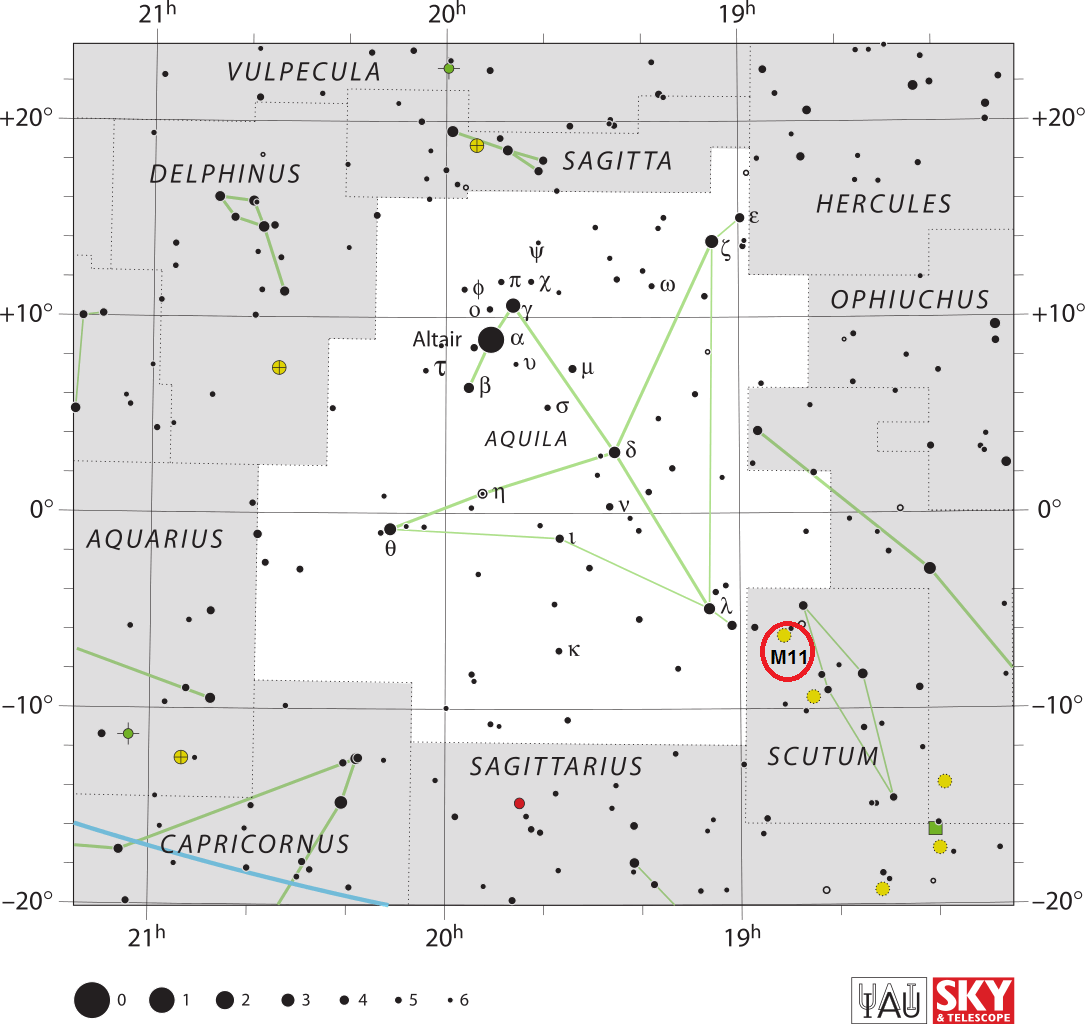 Locatie van Messier 11 in het sterrenbeeld Scutum - Schild.