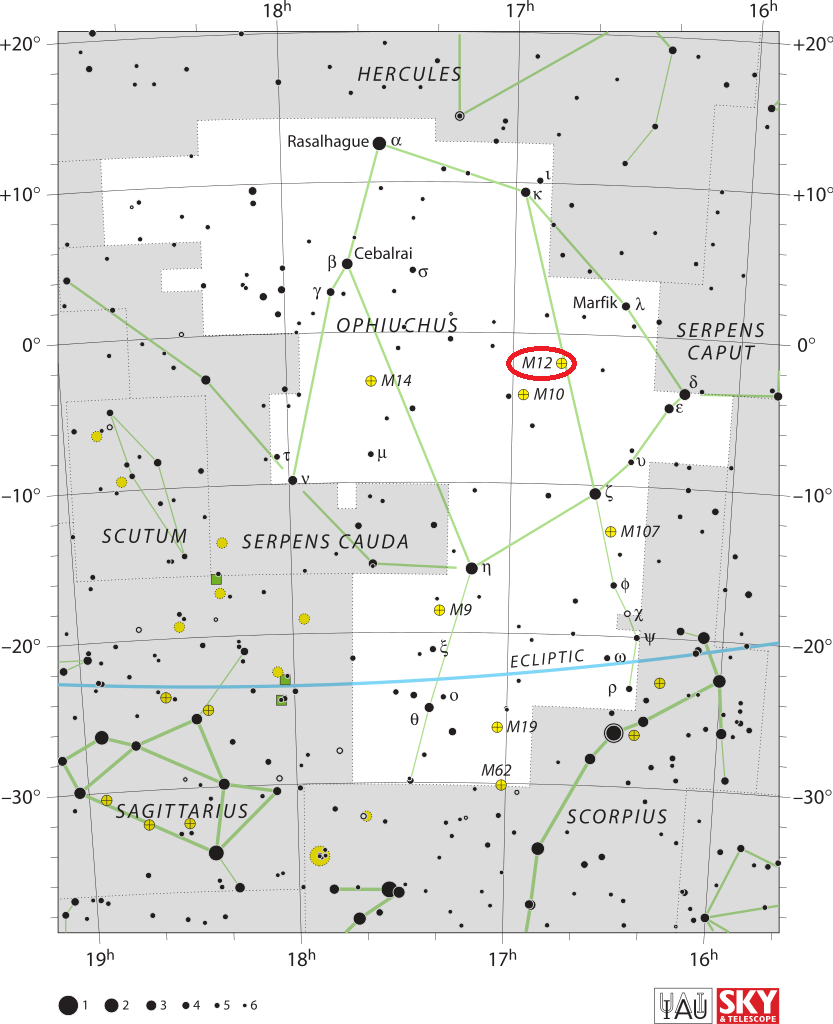 De locatie van Messier 12 – NGC 218 in het sterrenbeeld Ophiuchus – Slangendrager.