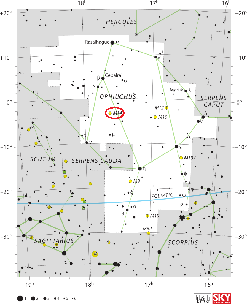 De locatie van Messier 14 in het sterrenbeeld Ophiuchus – Slangendrager.