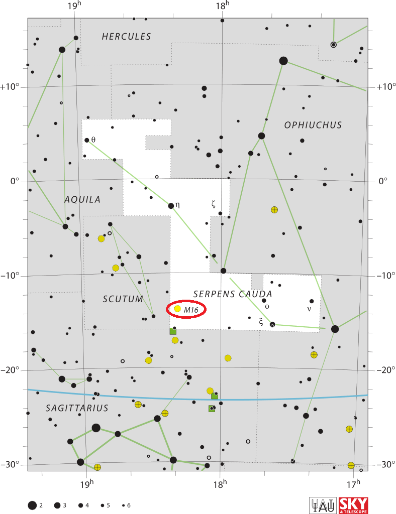 de locatie van Messier 16 in het sterrenbeeld Serpens - Slang.
